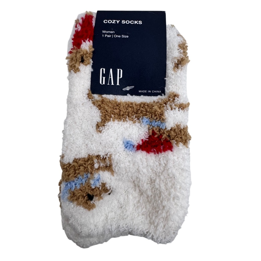 Gap Women Cozy Socks One Size White Tan Blue Dog Print Fuzzy Warm Sleepwear